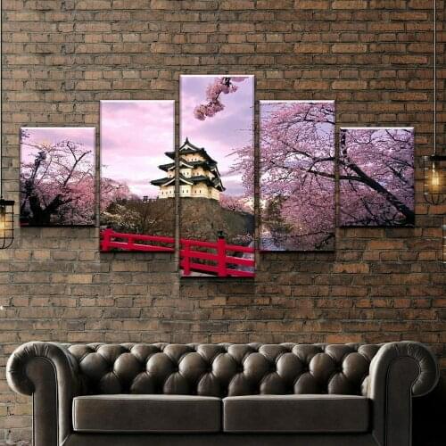 5 Panel Blossom Japan Castle Canvas Pictures HD Print Wall Art Canvas Paintings Home Decor for Living Room Posters No Framed