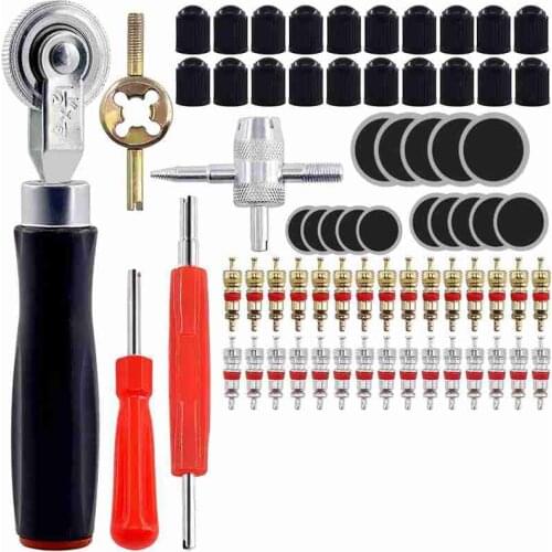 70Pcs Tire Patch Roller Tool Set, Includes Valve Cores Tire Valve Caps Tire Repair Patches & Head Valve Core Repair Tool