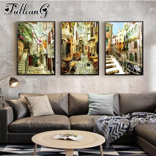 FULLCANG 5d diy diamond embroidery Abstract town landscape painting triptych full square round drill home decoration FC2834