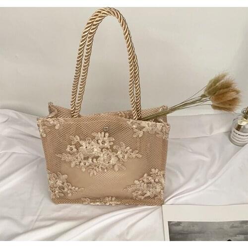 Hollow Lace Bag Casual Embroidery Flower Clutch Bag Lightweight Shoulder Tote Handbag Mesh Lace Ladies Shoulder Bag