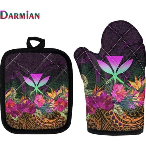 DARMIAN Hawaiian Hibiscus Flowers 2pcs/set Machine Washable Kitchen Microwave Oven Mitts Non-Slip lnsulation Mat for Home Baking