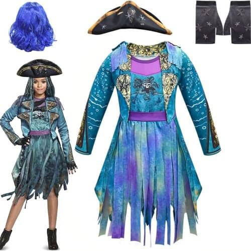 Girls Descendants 3 Halloween Costume Mal Bertha Maleficent Long Live Evil Straight Girls Dress Hat Gloves 3pcs Cosplay Clothing