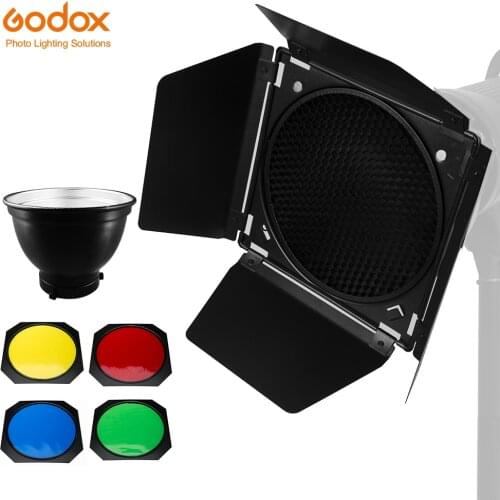 Godox Standard Reflector Bowens Mount with BD-04 Barndoor with Honeycomb Grid & 4 Color Filter Gel Set