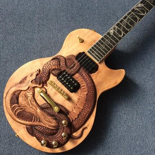 Rosewood fingerboard electric guitar, Snake inlaid, Snake relief solid mahogany body electric guitar, Free shipping