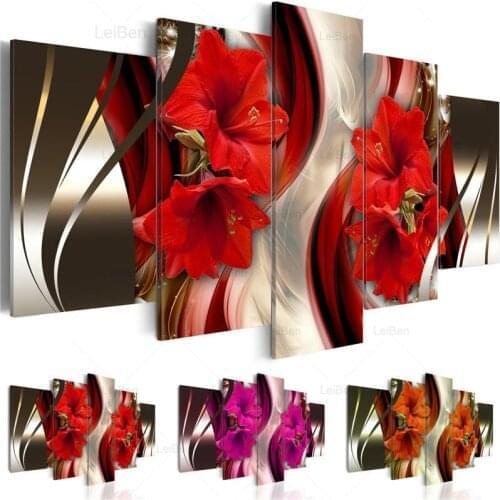 Lilies Blossom Module Wall Art 5 Pieces Red Orange Purple Flowers Poster and Print Modern Canvas Painting for Living Room Decor
