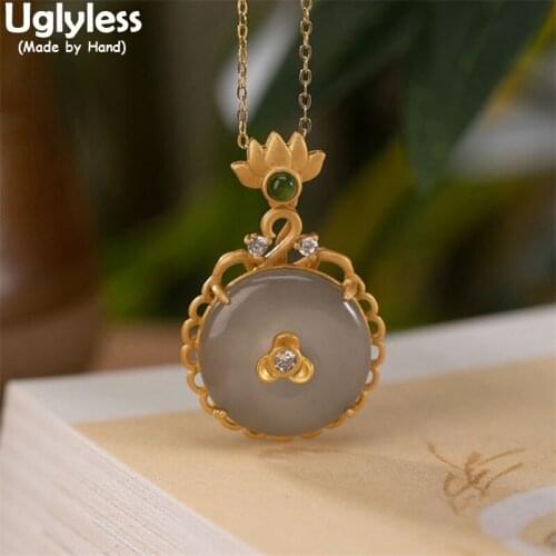 Uglyless Classic China Chic Peace Buttons Pendants for Women Natural Emerald Jade Necklaces No Chains Lotus 925 Silver Jewelry