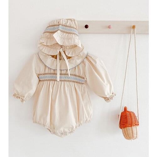 Baby Girls Bodysuits With Hat Spring Romper Baby Clothes Peter Pan Collar Infant Girls Jumpsuit
