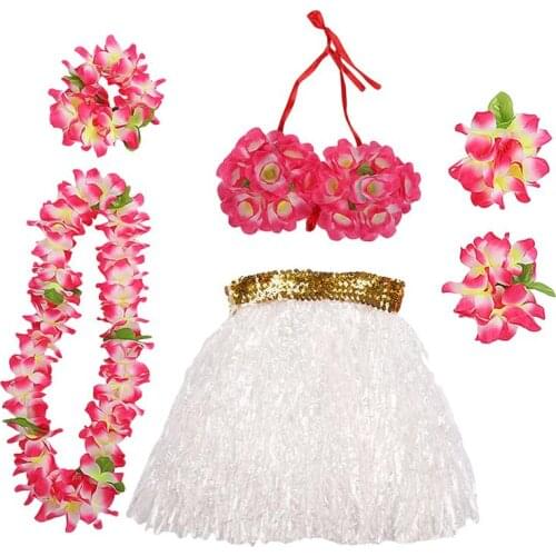 1 Set Hawaii Hula Grass Skirt Set 40cm Tropical Performance Costume Neck Wreath Bracelets Headband for Party