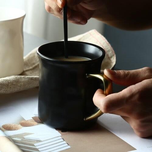 1pc Brief Black Mug Ceramic Milk Mug Coffee Cup with Golden Handle Matt Porcelain White Drinkware 360ml
