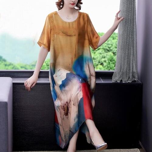 Summer Boho Casual Floral Mulberry Silk Maxi Dresses Elegant Party Vestidos 2021 Women Vintage 4XL Plus Size Chiffon Midi Dress