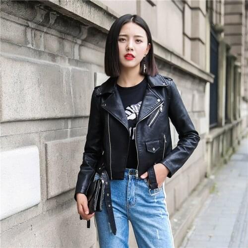 Trendy New Women Moto&Biker Faux Leather Jacket Punk Style Slim Belt Zipper Pocket Coat Black Red Outwear Female