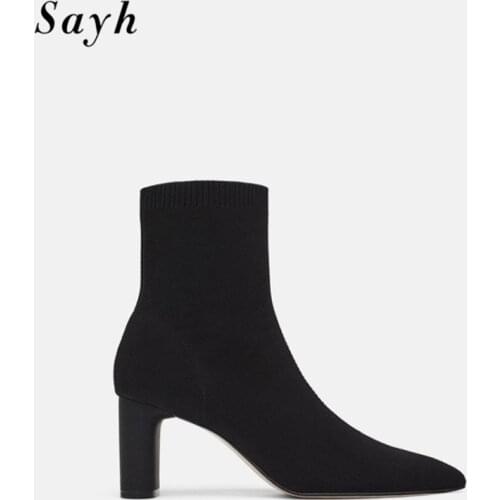 Fashion Vogue Winter Autumn Women Ankle Boot Thick Heel Stretch Sock Boot Pointy Toe Lady Shoes Black Size Plus