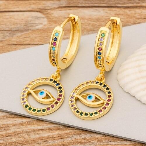 New Arrival Round Evil Eye Drop Earrings Copper Rainbow CZ Stone Pendant Earrings For Women Statement Bohemian Jewelry Gift