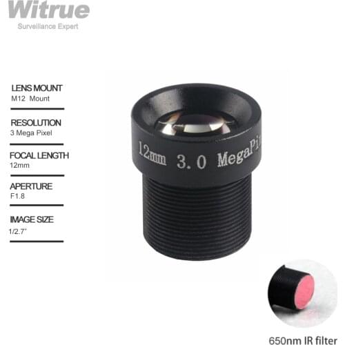 Witrue HD CCTV Camera Lens 3 Mega pixel 12MM M12 * P0.5 Mount Aperture F1.8 1/2.7" with 650nm IR Filter for Security Cameras