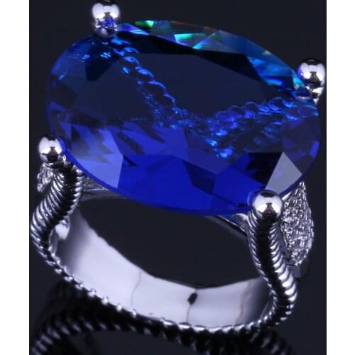 Distinctive Huge Oval Egg Blue Cubic Zirconia Silver Plated Ring V0573