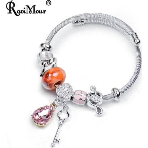 RAVIMOUR Wire Chain Stainless Steel Bangles for Women Crystal Water Drop Key Metal Bead Love Charms Bracelets Jewellery