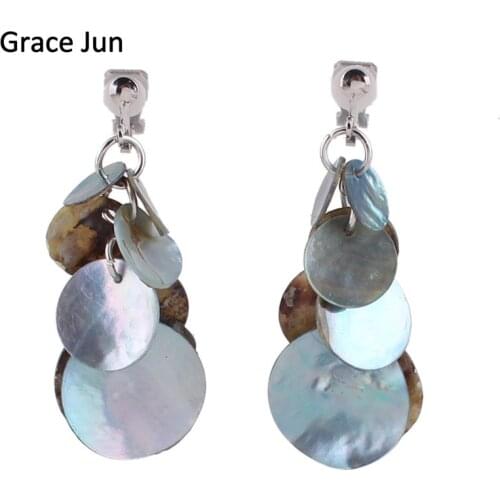 Grace Jun Vintage Fashion Handmade Natrual Shell Clip on Earrings No Pierced for Women Luxury Fashion Pierced Earrings Bijoux