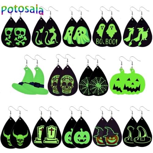 Potosala Halloween Leather Drop-Shaped Earrings Simple Luminous Earrings Ladies Skull Spider Drape Earring Fashion Jewelry Gifts