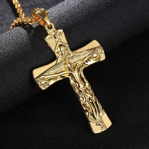 SONYA New Men Jewelry Initial Letters Carved Imitation Titanium Steel Gothic Jesus Cross Pendant Necklace Gift Religion Necklace