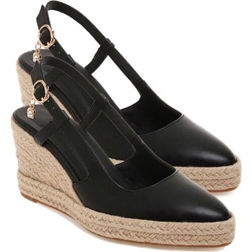 LIHUAMAO Espadrilless shoes women wedges platform pointed toe singback ladies high heel shoes pumps party shoes leather