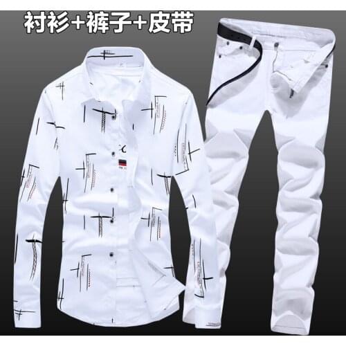 Spring Autumn Mens Cotton Pattern Long Sleeve Shirt Long Trousers 2pcs Set Casual Clothing Top Shirts Jeans Pants For Male N36