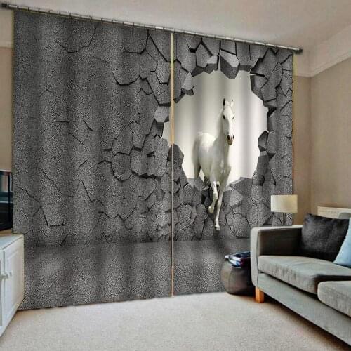 Grey wall 3D Curtain Luxury Blackout Window Curtain Living Room white horse curtains Blackout curtain