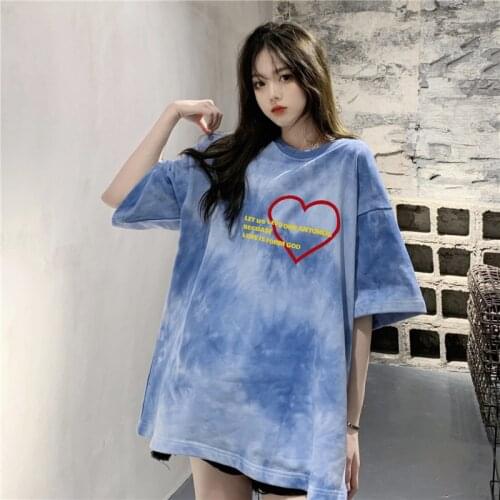 Love Lazy Style Tie-dye Short-sleeved T-shirt Women Loose Top Summer Street Round Neck T-shirt Bottoming Shirt Oversized T-shirt