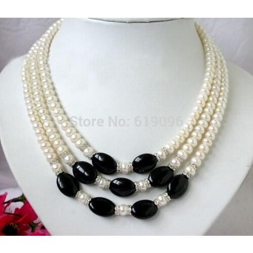 Mujer Natural Stunning 8mm 3Strands White Pearl black stone necklace Bridal Wedding word shipping Fine moda