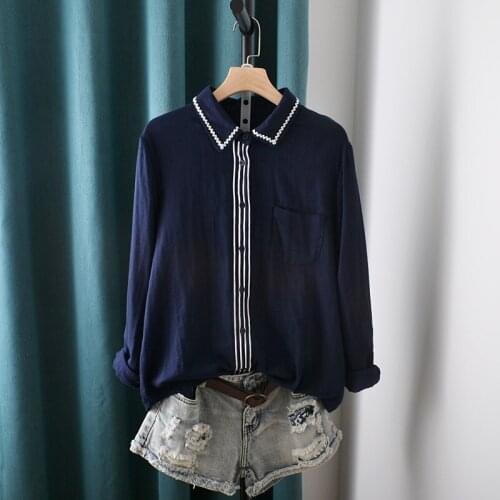 FairyNatural Women Vintage Brief Embroidery Cotton Shirt Blouse Summer Autumn Ladies Long Sleeve Pocket Tops Turn Down Collar