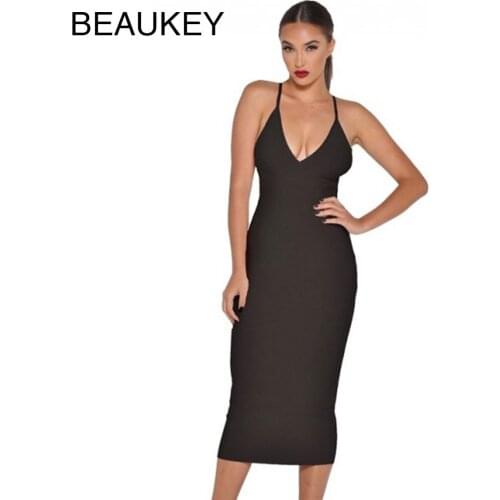 Black Spaghetti Strap Deep V Neck Sexy Women Package Hip 2015 New Fashion Bodycon Midi Bandage Dress Blue Red Black