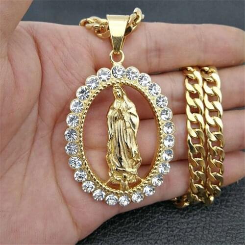 N7M7 Hip Hop Iced Out Bling Big Virgin Mary Necklaces Pendants Gold Color Stainless Steel Madonna Necklace For Women Jewelry