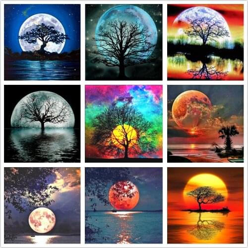 5d Full Diamond Mosaic Landscape Moon Tree Diy Cross Stitch Suit Home Decoration Christmas Gift Wall Decoration Painting