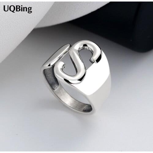 925 Sterling Silver Vintage Big Hollow S Letter Adjustable Opening Rings Initials Name Alphabet Female Jewelry