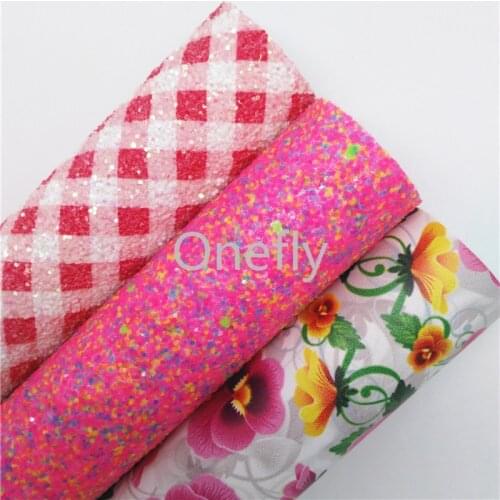Onefly Pink Glitter leather, Plaids Printed Glitter Fabric, Flowers Faux Fabric Sheets For Bow DIY handbags shoes BQ027