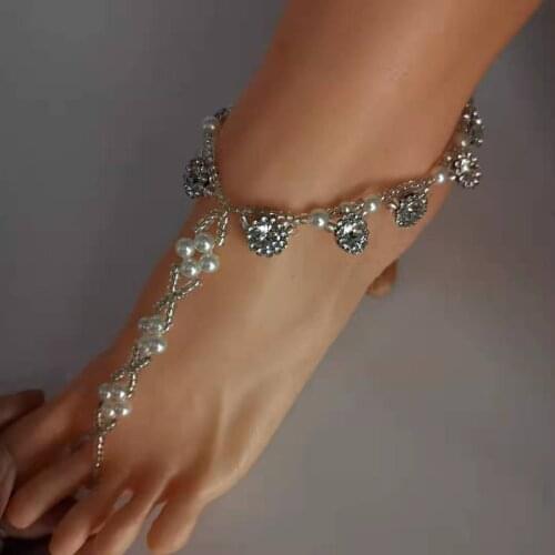 2021 Bohemia Fashion Imitation Pearl Beaded Elasticity Toe Ring Anklets Chic Crystal Flower Charm Anklet Foot Jewelry For Women