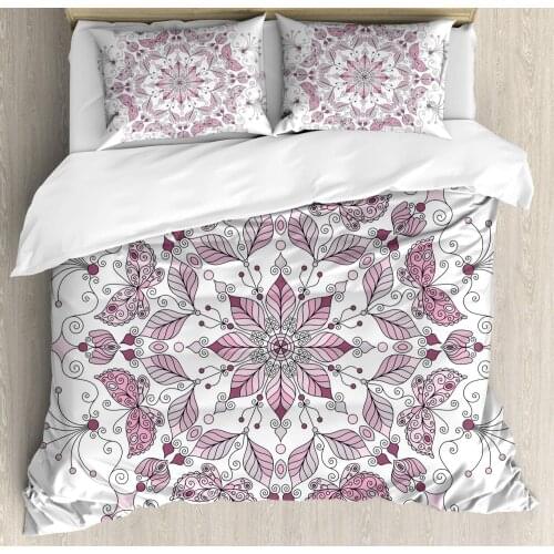 Purple Mandala Duvet Cover Set Lacy Pastel Floral with Butterfly and Lotus Meditation Design Decorative 3 Piece Bedding Set