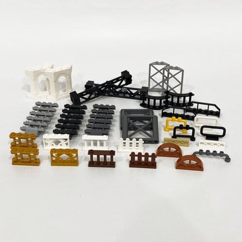 City House Garden Fence Enclosure Barrier Ladder Stair Bridge Assemble Bricks Guardrail Parts Wood Railing Friends Blocks Toys