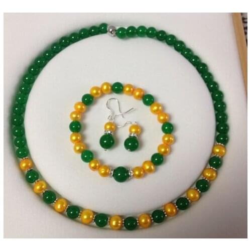 Hot new fashion style 8-8.5MM Golden shell simulated-Pearl green jades chalcedony necklace Bracelet Earrings Set 18"/7.5" BV221