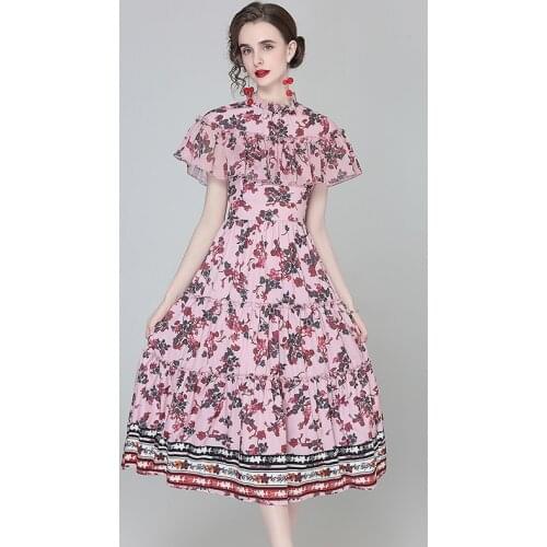 JSXDHK New 2021 Summer Women Pink Dress Elegant Runway Stand Collar Flower Printed Cloak Sleeve Striped Holiday Beach Midi Dress