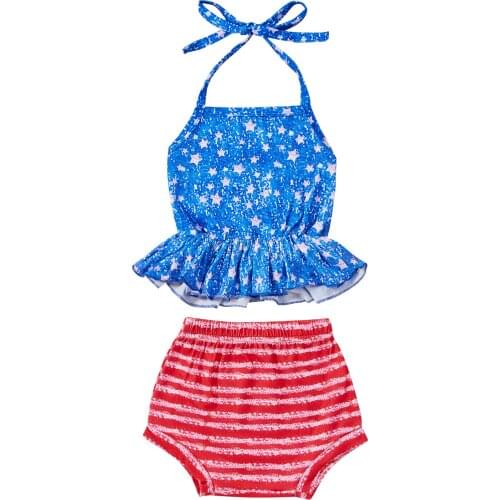 2Pcs Independence Day Little Girls Outfit, Toddlers Summer Star Printing Hanging Neck Sleeveless Suspender Tops + Striped Shorts