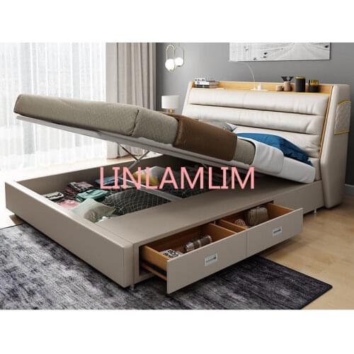 Real Genuine cow leather bed Soft Beds Bedroom camas lit muebles de dormitorio yatak mobilya quarto unique designer USB light