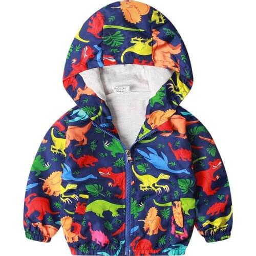 Spring Summer New Children Clothing Waterproof Colorful Dinosaur Printed Hooded Boys Cartoon Thin Coat Casual Zipper Outwear