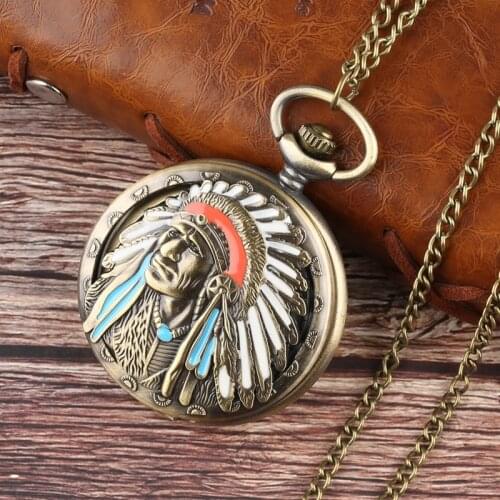 Retro Man Quartz Pocket Watch Fashion Colorful Portrait Design Fob Watch Bronze Pendant Necklace Chain Best Gifts Collectibles