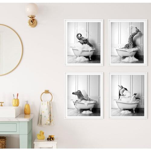 Cute Animals In Tub Poster Black White Nordic Art Print Elephant Zebra Canvas Painting Modern Wall Picture Bathroom Toilet Decor