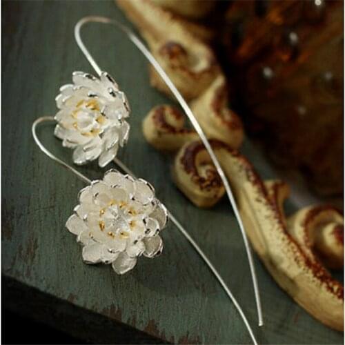 Fashion Large Long Lotus Flower Earrings For Women Lady Wedding Ethnic Jewelry Girls Gifts Pendientes Brincos