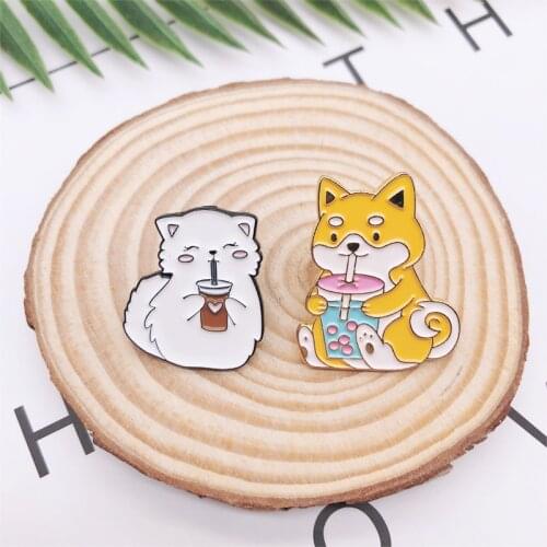 Cartoon Animal Drink Milk Tea Enamel Pins Cute Shiba Inu Dog Puppy Cat Brooches Bag Button Badge Jewelry Gift for Kids Friends