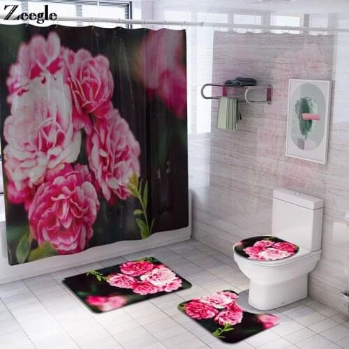Floral Bath Mat Set with Shower Curtain Set Bathroom Floor Mat Toilet Bath Mats Bathroom U-Shaped Foot Rug Absorbent Shower Mat