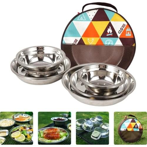 1 Set of 17Pcs Camping Equipment Camping Mess Kit Outdoor Tableware Stainless Steel Plate Bowl with Storage Bag for Camping