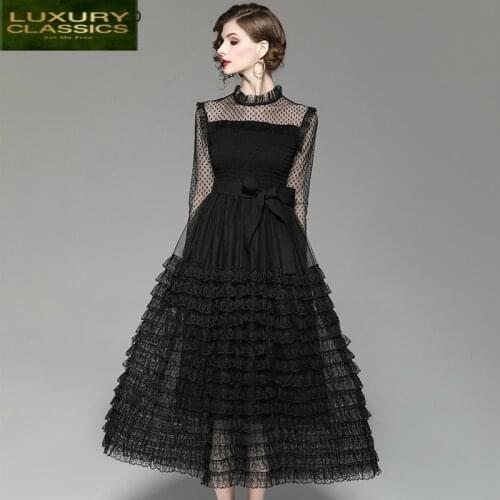 Sleeve Spring Summer Long Dress Women Black Dress Cake Dresses Mesh Lace Dresses Elegant Maxi Vestidos De Fiesta LWL1664