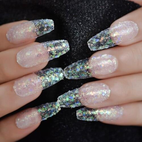 Spirit Christmas Nail Art Deisned Press on Fingernails Gorgeous Extra Long Coffin nail Holographic Glitter Gel Clear Fake nails